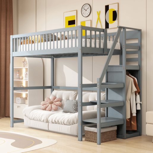 Cama mezzanine em madeira 90x200cm - com roupeiro - Cinzento