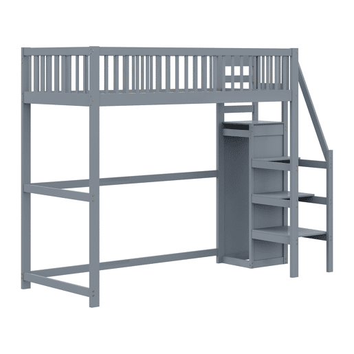 Cama mezzanine em madeira 90x200cm - com roupeiro - Cinzento