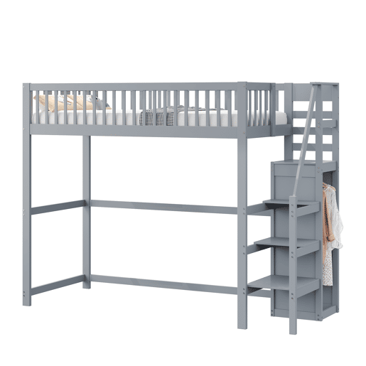 Cama mezzanine em madeira 90x200cm - com roupeiro - Cinzento