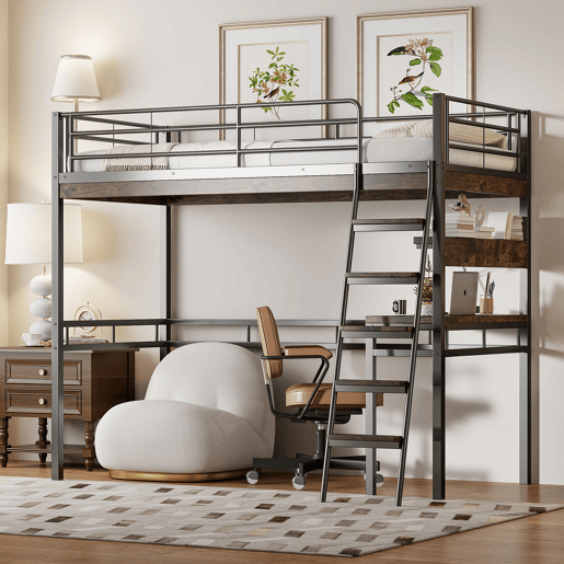 Cama mezzanine 90x200cm - com secretária + prateleiras + barreiras - Preto