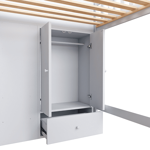 Cama alta de madeira 90 x 200 cm com vários espaços de arrumação e escada de arrumação - branco
