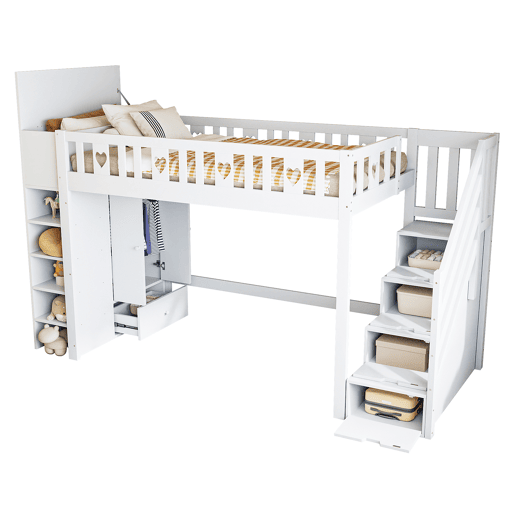 Cama alta de madeira 90 x 200 cm com vários espaços de arrumação e escada de arrumação - branco