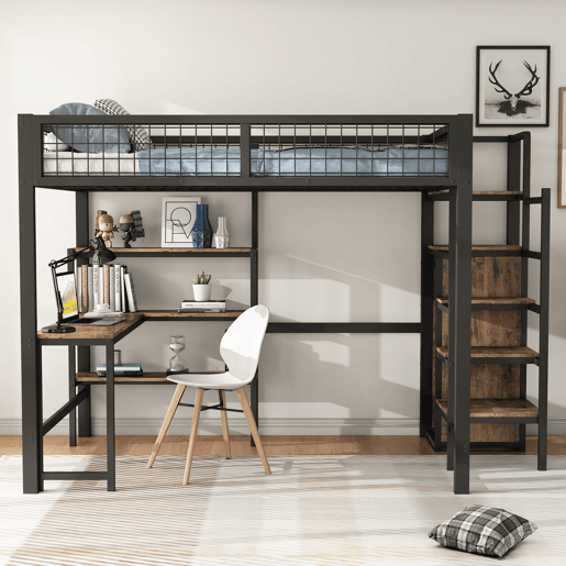 Cama alta 140x200 cm - estrutura em ferro - com secretária e prateleiras - Preto
