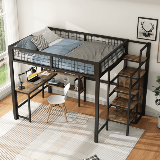 Cama alta 140x200 cm - estrutura em ferro - com secretária e prateleiras - Preto