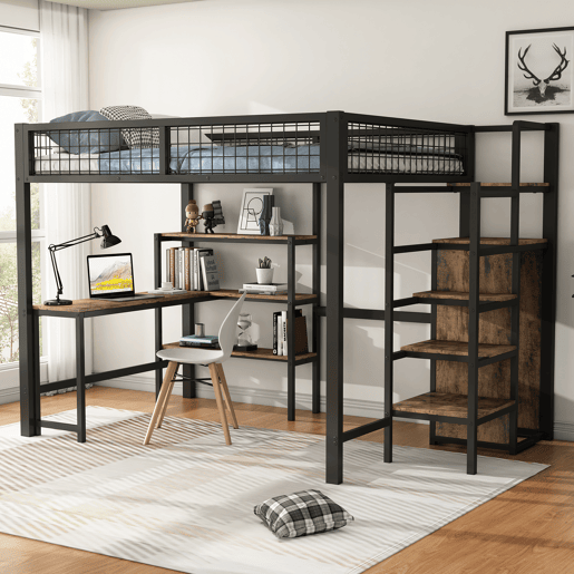 Cama alta 140x200 cm - estrutura em ferro - com secretária e prateleiras - Preto