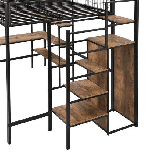 Cama alta 140x200 cm - estrutura em ferro - com secretária e prateleiras - Preto
