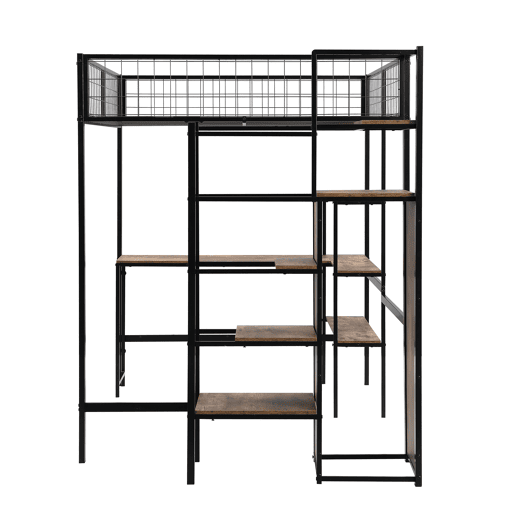 Cama alta 140x200 cm - estrutura em ferro - com secretária e prateleiras - Preto
