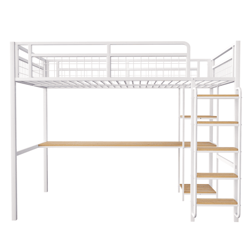 Cama alta metálica 140x200 cm - com secretária e escada de segurança - Branco