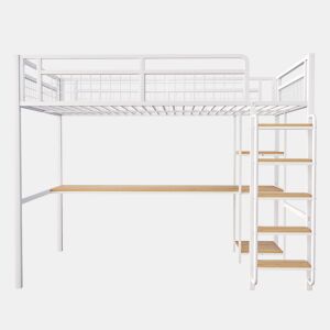 Cama alta metálica 140x200 cm - com secretária e escada de segurança - Branco