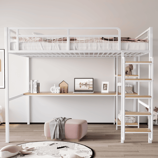 Cama alta metálica 140x200 cm - com secretária e escada de segurança - Branco