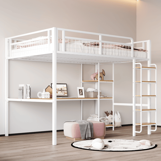 Cama alta metálica 140x200 cm - com secretária e escada de segurança - Branco