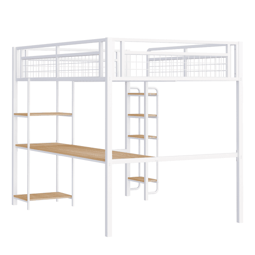 Cama alta metálica 140x200 cm - com secretária e escada de segurança - Branco