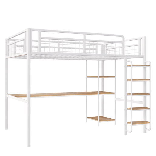 Cama alta metálica 140x200 cm - com secretária e escada de segurança - Branco