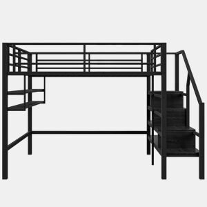 Cama alta metálica 140x200 cm - com prateleira e escada de arrumação - Preto