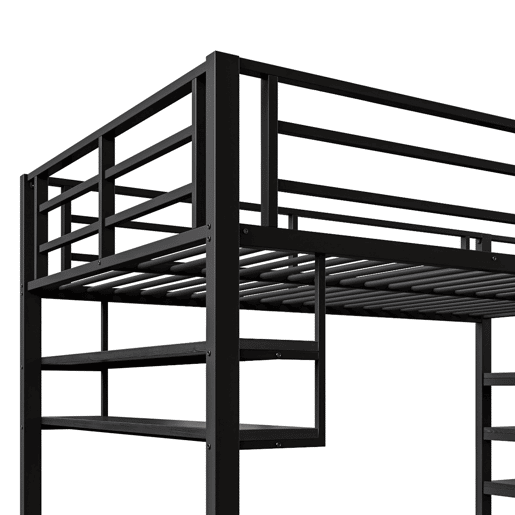 Cama alta metálica 140x200 cm - com prateleira e escada de arrumação - Preto