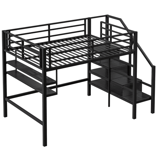 Cama alta metálica 140x200 cm - com prateleira e escada de arrumação - Preto