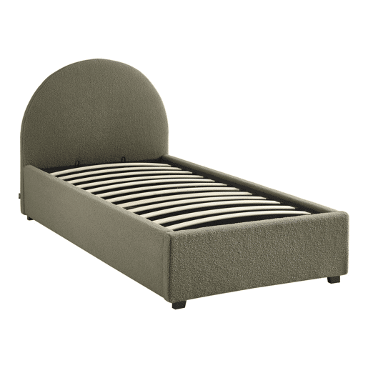 Cama com base de ripas e cabeceira 90cm, acabamento boucle, Cameron, Verde caqui, 206x104x102 cm