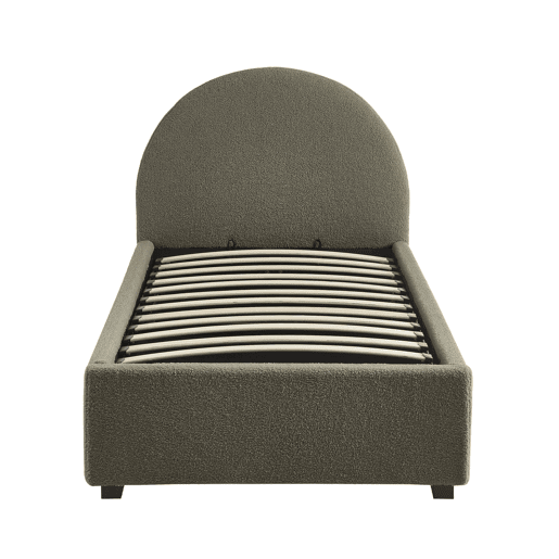 Cama com base de ripas e cabeceira 90cm, acabamento boucle, Cameron, Verde caqui, 206x104x102 cm