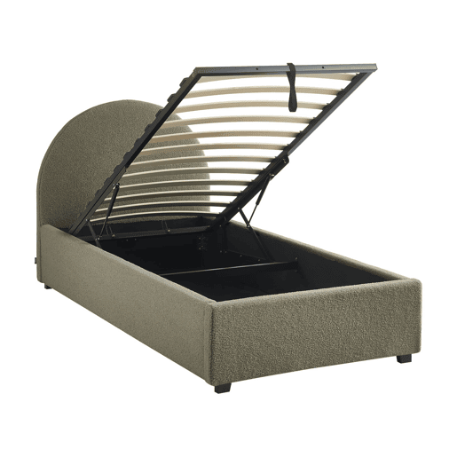 Cama com base de ripas e cabeceira 90cm, acabamento boucle, Cameron, Verde caqui, 206x104x102 cm