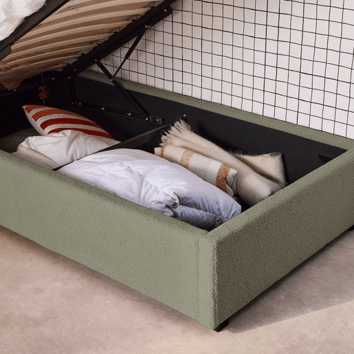 Cama com base de ripas e cabeceira 90cm, acabamento boucle, Cameron, Verde caqui, 206x104x102 cm