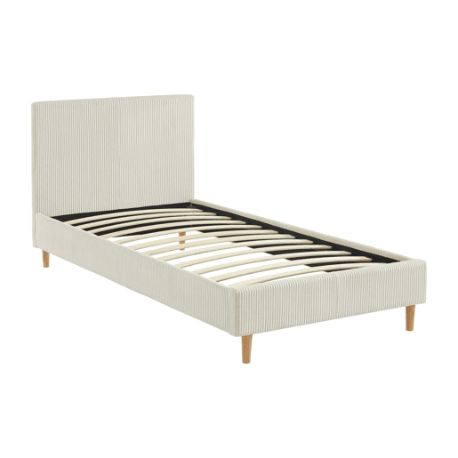 Cama com base de ripas e cabeceira 90cm, em veludo canelado fino, Marlon, Branco, 202x96x88 cm