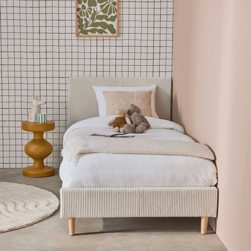 Cama com base de ripas e cabeceira 90cm, em veludo canelado fino, Marlon, Branco, 202x96x88 cm