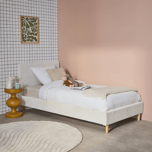Cama com base de ripas e cabeceira 90cm, em veludo canelado fino, Marlon, Branco, 202x96x88 cm