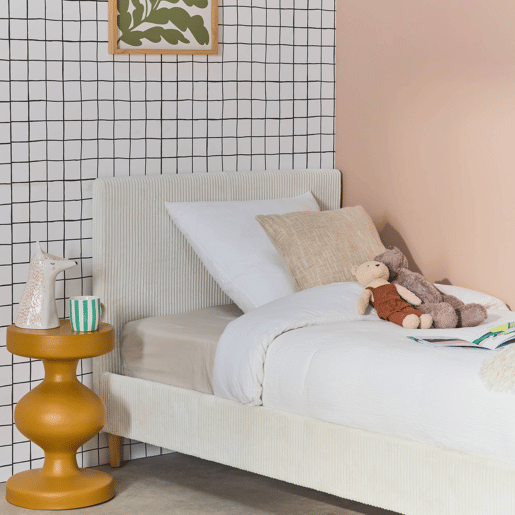 Cama com base de ripas e cabeceira 90cm, em veludo canelado fino, Marlon, Branco, 202x96x88 cm