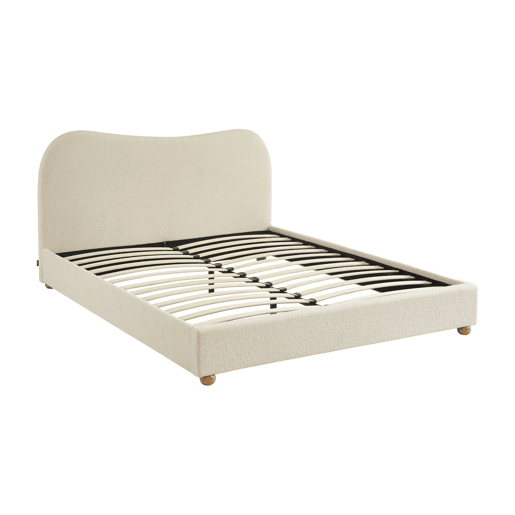 Cama com estrado de ripas e cabeceira, branca em boucle, Aaron, Branco, 214.5x168x97 cm