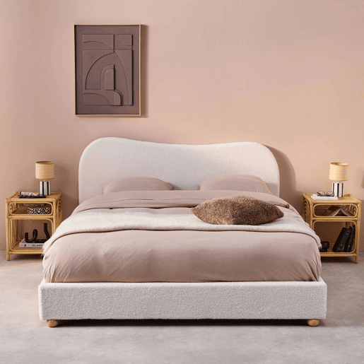 Cama com estrado de ripas e cabeceira, branca em boucle, Aaron, Branco, 214.5x168x97 cm