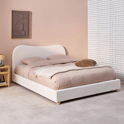 Cama com estrado de ripas e cabeceira, branca em boucle, Aaron, Branco, 214.5x168x97 cm