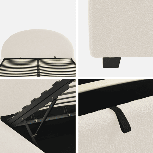 Cama de peito com base de ripas e cabeceira, 160x200cm, acabamento boucle, Cameron, Branco, 216.5x174x102 cm