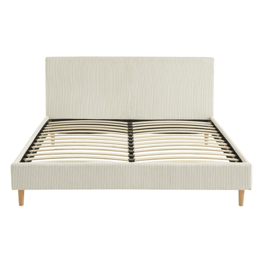 Cama com base de ripas e cabeceira 160cm, em veludo canelado fino, Marlon, Branco, 211x167.5x89 cm