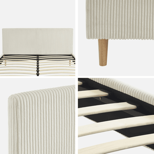 Cama com base de ripas e cabeceira 160cm, em veludo canelado fino, Marlon, Branco, 211x167.5x89 cm