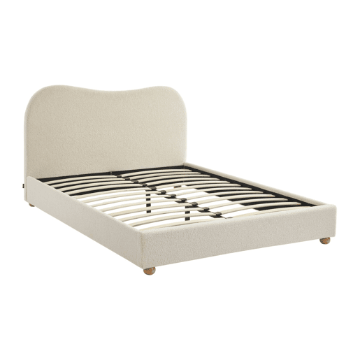Cama com estrado de ripas e cabeceira, branca em boucle, Aaron, Branco, 203x148x97 cm