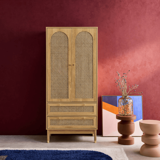 Roupeiro em vime com 2 portas e 2 gavetas, Judith, Natural, 80x50x180 cm
