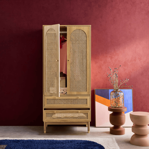 Roupeiro em vime com 2 portas e 2 gavetas, Judith, Natural, 80x50x180 cm
