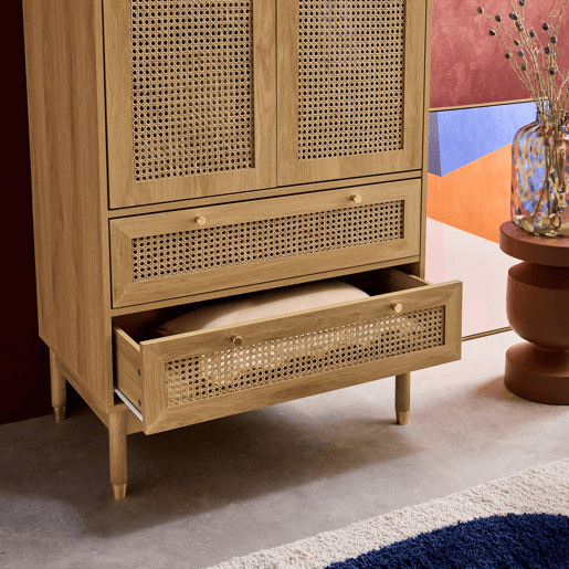 Roupeiro em vime com 2 portas e 2 gavetas, Judith, Natural, 80x50x180 cm