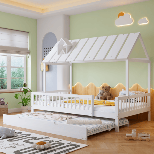 Cama de criança 120x200 cm com cama com gavetão 120x190 cm - em madeira de pinho e MDF - Branco