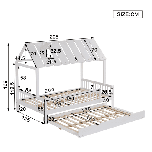 Cama de criança 120x200 cm com cama com gavetão 120x190 cm - em madeira de pinho e MDF - Branco