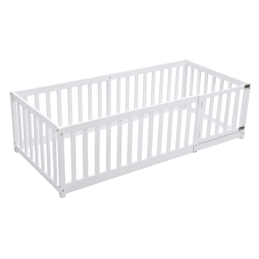 Cama de criança em madeira maciça 90x200cm com barreira de segurança - Branco