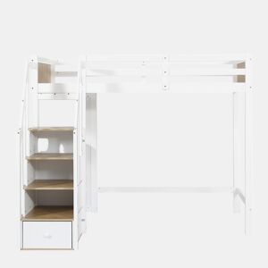 Cama mezzanine em madeira - 90x200 cm - com secretária, prateleiras e escada de arrumação - Branco
