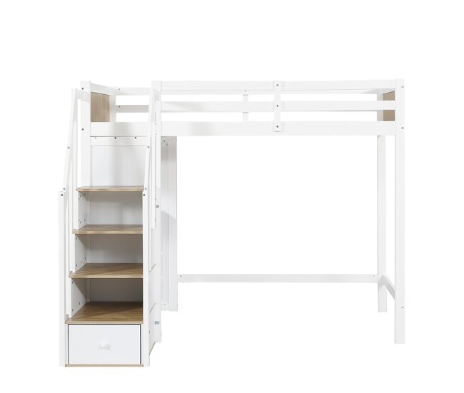Cama entrepiso de madera - 90x200 cm - con escritorio, estantes y escalera de almacenamiento - blanco
