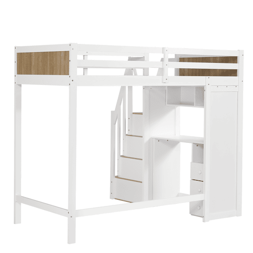 Cama mezzanine em madeira - 90x200 cm - com secretária, prateleiras e escada de arrumação - Branco Cama mezzanine em madeira - 90x200 cm - com secretária, prateleiras e escada de arrumação - Branco