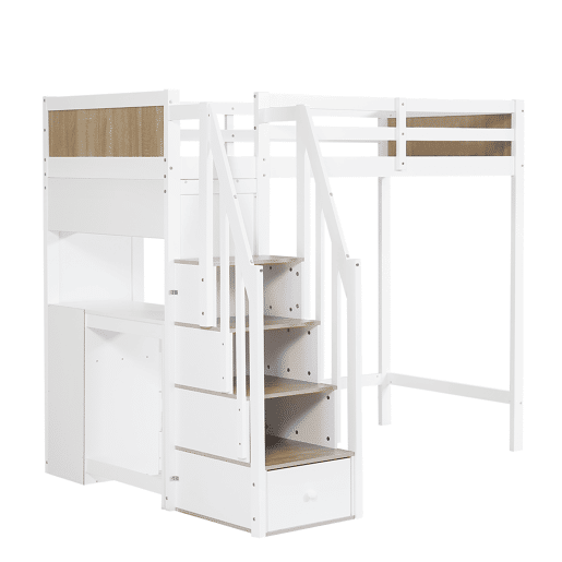 Cama mezzanine em madeira - 90x200 cm - com secretária, prateleiras e escada de arrumação - Branco Cama mezzanine em madeira - 90x200 cm - com secretária, prateleiras e escada de arrumação - Branco