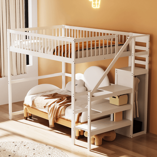 Cama mezzanine em madeira 140x200cm - com roupeiro - Branco