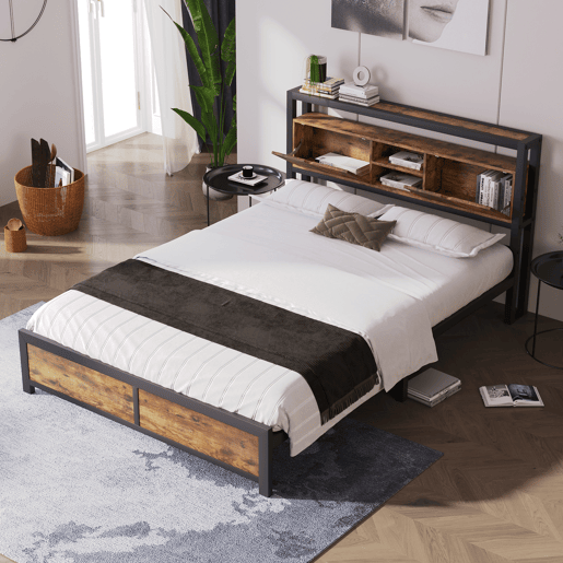 Cama para adultos 140x200 cm com espaço de arrumação - estrutura metálica - Castanho