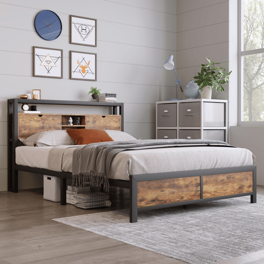 Cama para adultos 140x200 cm com espaço de arrumação - estrutura metálica - Castanho