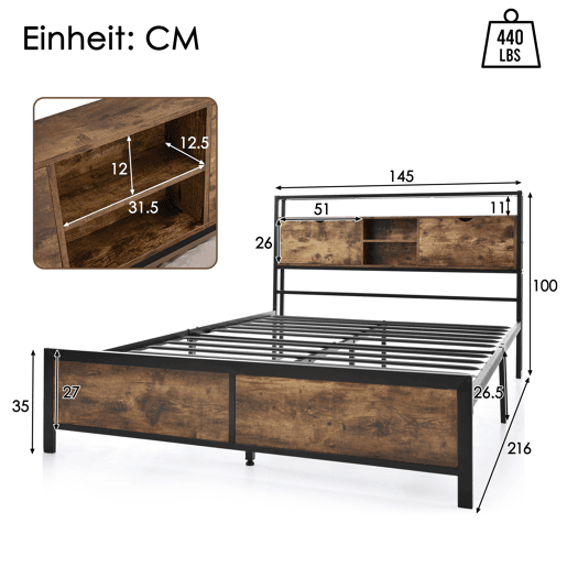 Cama para adultos 140x200 cm com espaço de arrumação - estrutura metálica - Castanho