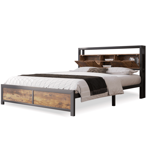 Cama para adultos 140x200 cm com espaço de arrumação - estrutura metálica - Castanho